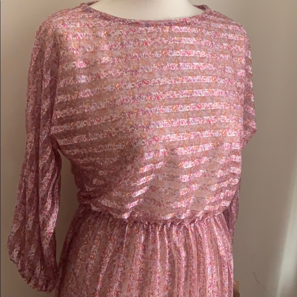 VINTAGE 70s New Pink Floral Sheer Stripe Dress - Picture 3 of 5